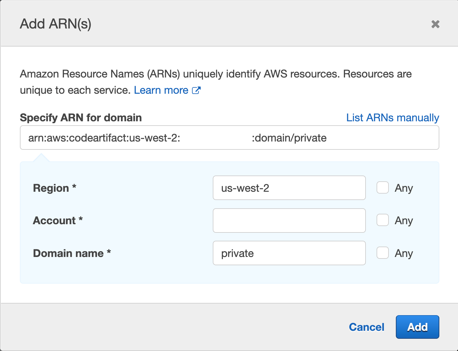 Click Resources to fix the 2 warnings and then click Add ARN on the first "Specify the ARN of the domain resource for the GetAuthorizationToken action".