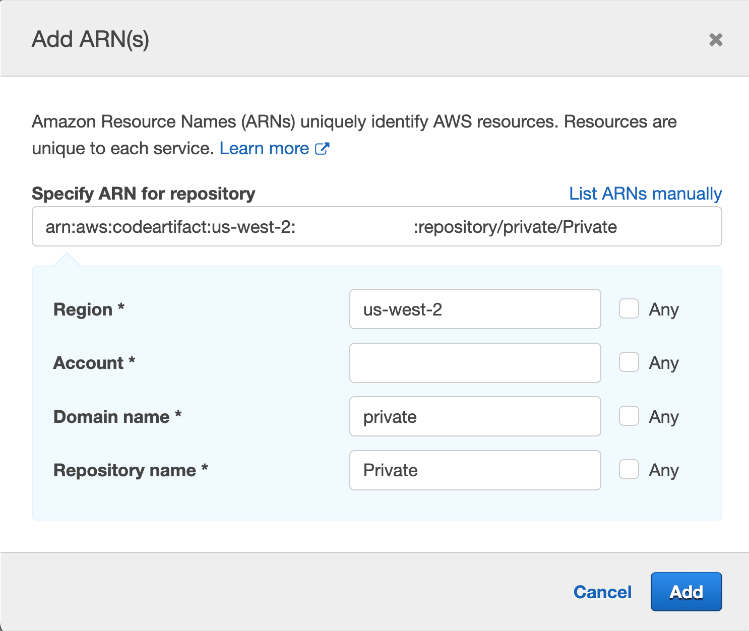 Click Resources to fix the 2 warnings and then click Add ARN on the first "Specify the ARN of the domain resource for the GetAuthorizationToken action".